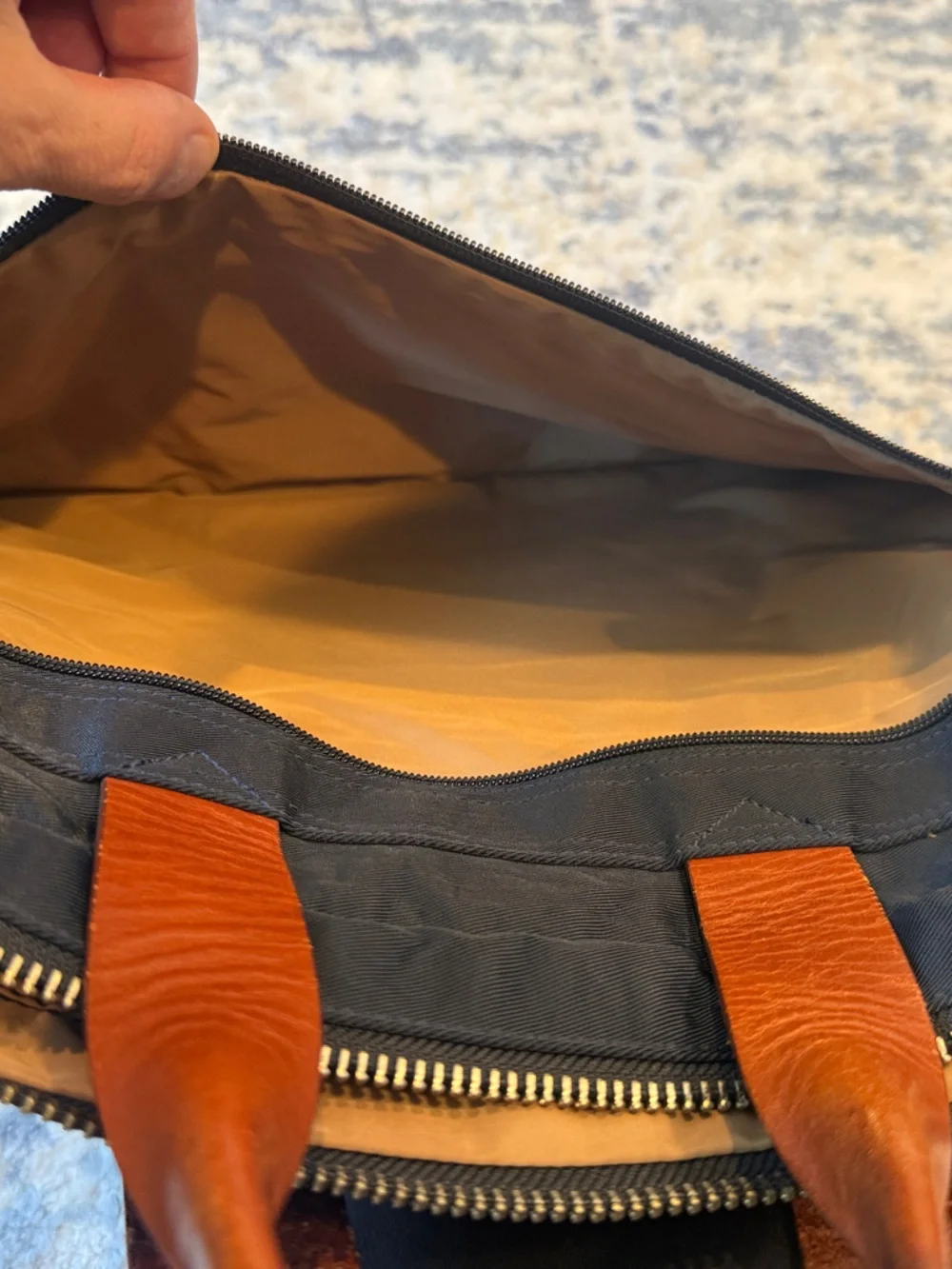 J. Crew Navy Laptop Briefcase with Brown Leather Handles